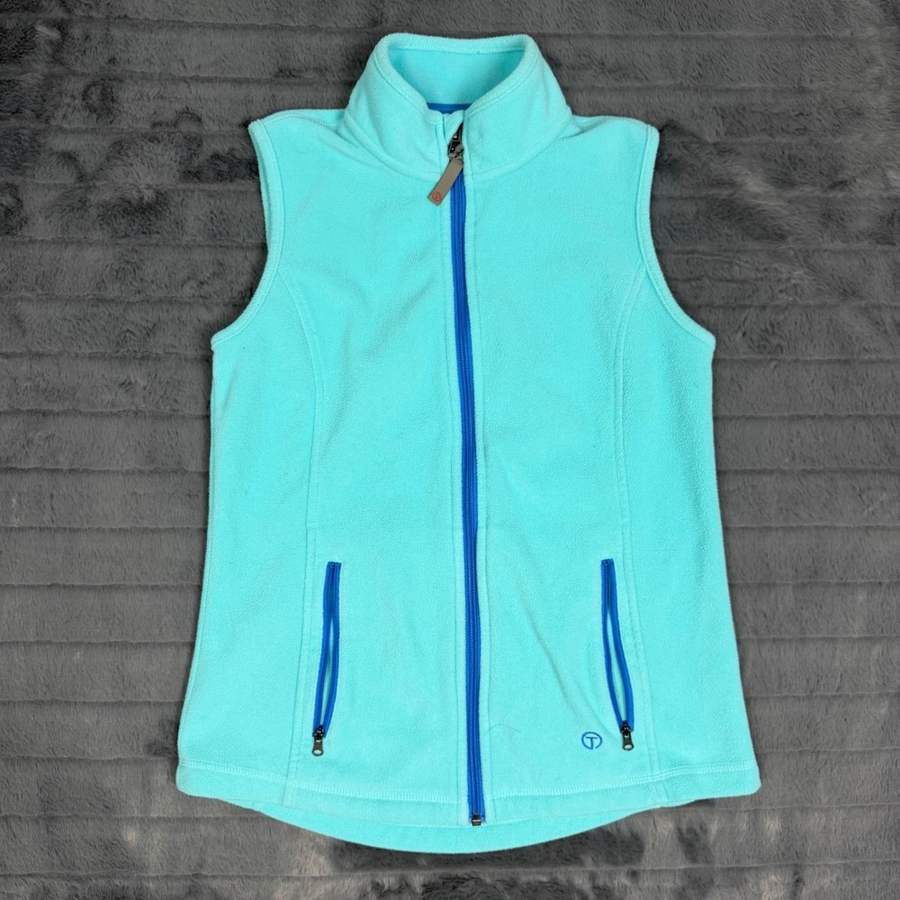 Talbots Womens XS Aqua Blue Fleece Full Zip Mock Neck Vest Pockets 6848